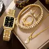 Conjunto Popular de Relojes para Mujer Transfronterizo de Comercio Exterior, Conjunto de Cinco Piezas con Reloj para Mujer Incrustado de Diamantes, Reloj de Cuarzo Cuadrado de Moda para Dama
