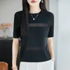 Camiseta de Punto de Seda Helada de Manga Corta para Mujer, Estilo Nuevo de Verano, Cuello Redondo, Huecos, Corte Holgado, Fresca y Elegante, Top Fino para Viajar
