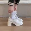Primer Encuentro Temporada Blanca Tacones Altos Suaves Zapatos de Boda para Mujer con Cierre de Velcro Lazo Zapatos de una Sola Pieza Suela Gruesa Zapatos Mary Jane Bajos