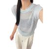 Top de Hilo de Seda Helada con Mangas de Vuelo Ajustado Casual Holgado Sin Mangas Suéter Calado Estilo Francés Camiseta de Manga Corta de Verano Moda para Mujer