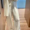 Pantalones de Pierna Ancha 100% Lana Pura Color Blanco Crema para Mujer Cintura Alta Adelgazantes Caída Suave Pierna Recta Estilo Coreano Pantalones de Abrigo Suaves y Sedosos