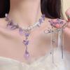 Dulce Collar de Mariposa de Cristal Púrpura Fresco para Mujer Gargantilla Diseño Nicho Lujo Ligero Aretes Avanzados Arete Clip Accesorios de Collar