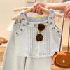 Aile Rabbit 2024 Verano Conjunto de Chaleco para Niñas Tops Bordados con Flores Jeans con Tirantes para Niños