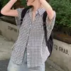 Camisa de Verano Coreana Chic Nuevo Diseño Juvenil de Manga Corta a Cuadros con Puño Enrollado Cuello Turn-Down de Longitud Media para Mujer