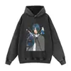 Moletom Anime Apaixonado Transfronteiriço Manga Longa Estilo Americano Desgastado Flor Frita Pulôver Estampado Manga Longa Personagem de Anime Japonês Vintage