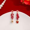 Pendientes Estilo Chino Aguja de Plata Festivos del Año de Nacimiento Rojo Carácter Fu Corazón Calado Danza del León Pendientes Asimétricos Colgantes
