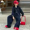 Conjunto Casual Jeans para Meninas 2025 Novo Jaqueta com Cinto Calça Reta Conjunto de Duas Peças para Crianças Mais Velhas Jaqueta da Moda
