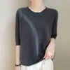 Suéter de tricô feminino transfronteiriço com gola redonda, novo estilo outono e inverno 2026, design vazado, mangas de três quartos, blusa básica pulôver solta, suéter fino