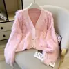 Cardigã de tricô super estiloso com franjas, imitação de pele de marta, para mulheres, novo estilo de outono, solto e casual, casaco suéter curto macio e aconchegante