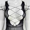 Lencería Sexy Sin Mangas Estilo Europeo y Americano con Patrón de Diamantes, Cortes Cruzados Delanteros y Traseros, Entrepierna Abierta, Medias de Ligero, Body Calado de Red