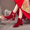 Botas de Novia para Celebridades de Internet Otoño e Invierno 2025 Nuevas Botas Festivas de Boda Color Vino Tinto Borla de Pedrería Tacón Grueso Pies sin Cansancio Botas de Moda