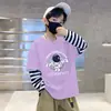 Camiseta de manga larga suelta de algodón puro para niños, camiseta interior de otoño para niños, estampado de dibujos animados, empalme de moda, camiseta de rayas