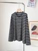 Camiseta Vintage Color Block Manga Longa Macia Escovada Elástica para Mulheres, Nova Outono Listrada Gola Redonda Versátil Emagrecedora Camisa Base