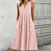 Vestido largo casual de verano para mujer, transfronterizo europeo y americano, de color liso, suelto, con bolsillos, escote en V, sin mangas, de longitud media