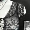 Lingerie Sexy, Transparente, Não Precisa Tirar, Seios Pequenos, Macacão Vazado Transparente, Malha Corpo Inteiro, Top Feminino de Seda Preta