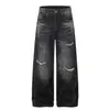 G6982 Jeans unisex estilo americano modernos negros lavados con patrón de orejas de gato rasgados diseño de alta costura corte holgado para hombre