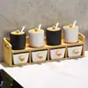 Conjunto Criativo de Potes de Cerâmica para Temperos para Cozinha Doméstica, Conjunto de Seis Peças Estilo Japonês com Frascos de Temperos e Pote de Sal