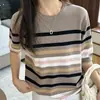 Camiseta de verão nova, gola redonda, listrada color block, 100% algodão tricotado, manga curta, estilo coreano, corte solto, top simples e versátil