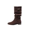 Todo-Vaca Turnover Hebilla de Cinturón Suave Estilo Coreano Botas de Montón de Moda Invierno 2024 Ciber-Popular Todo-Combinable Botas Vaqueras Botas Planas