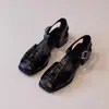 Versión de Cuero Suave~Zapatos Romanos Tejidos Retro Franceses para Mujer, Tacón Grueso Negro, Huecos y Transpirables, Nuevas Sandalias de Verano para el Trabajo