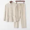 Traje Tang de Algodón y Lino para Hombre Primavera/Verano Estilo Chino Conjunto de Manga Larga Étnico Retro Corte Holgado con Cuello Alto de Botones Atuendo de Tai Chi