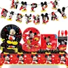 Mickey Mouse Fiesta de Cumpleaños Negra y Roja Vajilla Desechable Mantel Platos de Papel Vasos Servilletas de Papel Globos Banner Decoraciones