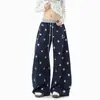 Pantalones anchos de estilo americano para mujer con cordón en la cintura alta y estampado de estrellas, pantalones largos rectos holgados, pantalones casuales de verano que no exponen las piernas