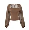 Camiseta Patchwork de Manga Longa Estilo Garota Picante Estilo Francês com Ajuste na Cintura, Nova Tendência de Verão Slim-Fit Curta com Visual Levemente Transparente e Elegante para Mulheres