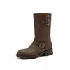 Botas vaqueras de color block vintage desgastado estilo Maillard con tacón grueso de 4 cm, botines planos de suela de goma tipo Martin para mujer, botines bajos