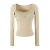Camiseta de Manga Larga con Patchwork de Encaje Estilo Puro Deseo para Mujer Otoño Nueva Llegada Cuello Cuadrado Capa Base Adelgazante Top Pequeño