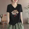 Comércio Exterior Transfronteiriço Desembaraço de Comércio Exterior Estoque Grande Marca Grande Roupa de Mãe Camiseta Casual Feminina de Manga Curta Solta Emagrecedora Estilo Chinês Estampada