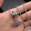 Colar Masculino com Pingente de Cabeça de Lobo e Martelo de Thor em Liga Nórdica Retro Transfronteiriço Corrente Longa para Suéter Joias Atacado