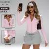 Chaqueta de Fitness y Yoga de Manga Larga con Cremallera, Ropa Deportiva de Pilates para Adelgazar la Cintura, Cuello Alto, Cuentas de Colores, Transfronteriza, de Pie