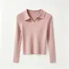 Novo Top de Malha com Gola Lapela Outono/Inverno para Mulheres, Curto, Estiloso, Gola Meio Aberta, Manga Longa, Modelagem Justa, Suéter para Usar por Baixo, Tendência