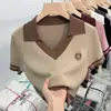 Elegante Doce Sexy Curto Gola V Seda Gelo Tricô Polo Top Design Nicho Camiseta de Manga Curta para Mulheres Verão Preto