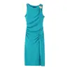 Vestido plissado da marca Z, moderno, com gola redonda, adornado, estilo europeu e americano, vestido midi sem mangas com banho de ouro para mulheres no AliExpress