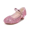 Saltos Altos Infantis Sapatos Femininos Nova Moda Estudantes Lantejoulas Prateadas Sapatos de Performance Etiqueta Feminina Flor Sapatos Infantis