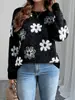 Xinshangyu Ropa para Mujer Suéter de Punto para Mujer con Patrón Floral 3D Estilo Casual Relajado Cuello Redondo Talla Grande