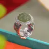 Anillo Yuebao Joyería Jade Hetian Plata Pura 990 Jade Verde León Despertando Patrón Tallado Versión Redonda Ancha Elegante Nuevo Estilo Chino