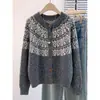 Suéter de punto jacquard Fair Isle vintage estilo coreano con cuello redondo para mujer, nuevo otoño e invierno, holgado, casual, versátil, chaqueta cárdigan de punto