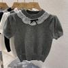 Camisa de Punto de Manga Corta con Encaje Empalmado de Manga Farol Francesa para Mujer con Diseño Nicho Verano Slim Camiseta Interior Top
