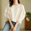 9 cores, Japão Rakuten 2026 verão nova camisa casual de manga morcego curta, gola redonda solta, cor sólida de chiffon para mulheres