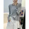 Cardigã de Tricô Lyocell Tencel Cinza de Alta Qualidade para Mulheres, Gola Redonda, Tricô Fino de Verão, Proteção Solar, Peça para Ambientes com Ar Condicionado