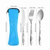 Set de cubiertos de acero inoxidable de tres piezas para Amazon, que incluye cuchillo para bistec, tenedor y cuchara, en una bolsa de tela creativa, adecuado para estudiantes y uso al aire libre