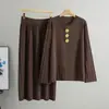 Ropa Europea Transfronteriza Otoño e Invierno Estilo Francés Hebilla Metálica Suéter de Punto Holgado Conjunto Falda Larga Plisada Elegante Estilo Europeo y Americano para Mujer