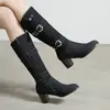 Hebilla de Cinturón Británica Botas de Tela Cremallera Lateral Botas de Motociclista Botas Altas Botas de Tacón Alto Grueso Fuentes de Comercio Exterior