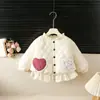 Jaqueta Acolchoada Estilo Coreano Coração Doce com Bolso Bainha Franzida Estampa Floral Gola Redonda Dupla-Face Versátil Quente Outono/Inverno
