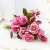 Flor Artificial Rosa de Terciopelo de 5 Cabezas Estilo Francés Ramo de Flores de Seda Ramo de Boda Flor Artificial Decoración del Hogar Adorno Transfronterizo