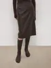Saia Midi PU com Linha Dividida Consciente de Design Feminina 26 Outono/Inverno Nova Saia Midi Linha A Emagrecedora Saia de Couro Quatro Belezas 1722
