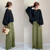 Conjunto de Cuatro Colores en Stock de Venta Caliente Primavera y Otoño 2026: Conjunto Informal de Dos Piezas: Top de Cuello Redondo con Bloques de Color y Pantalones de Pierna Ancha